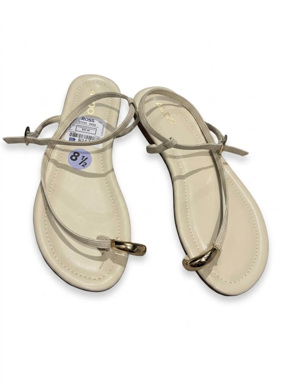 ALDO Cream T-Strap Sandals with Gold Accent Hardware